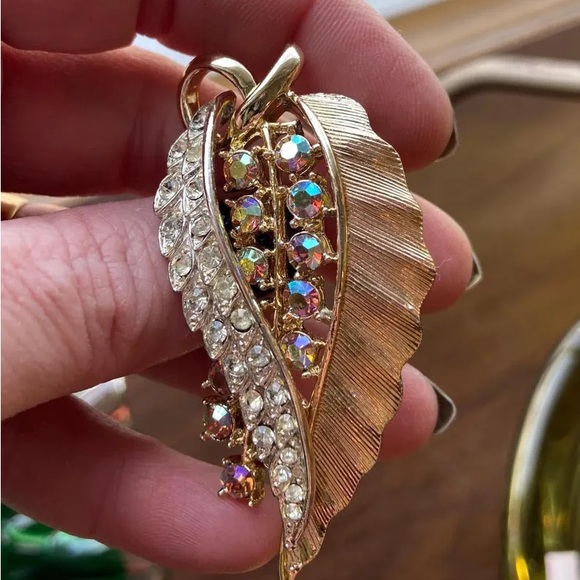 Coro Jewelry - Vintage CORO brooch Rhinestone Leaf Aurora borealis gold tone silver signed